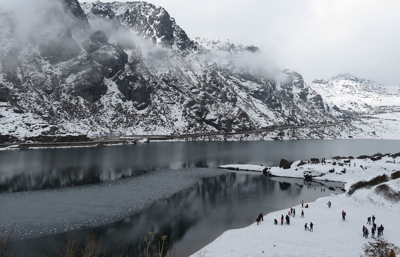 Snow along the shore of Tsomgo Lake in East Sikkim