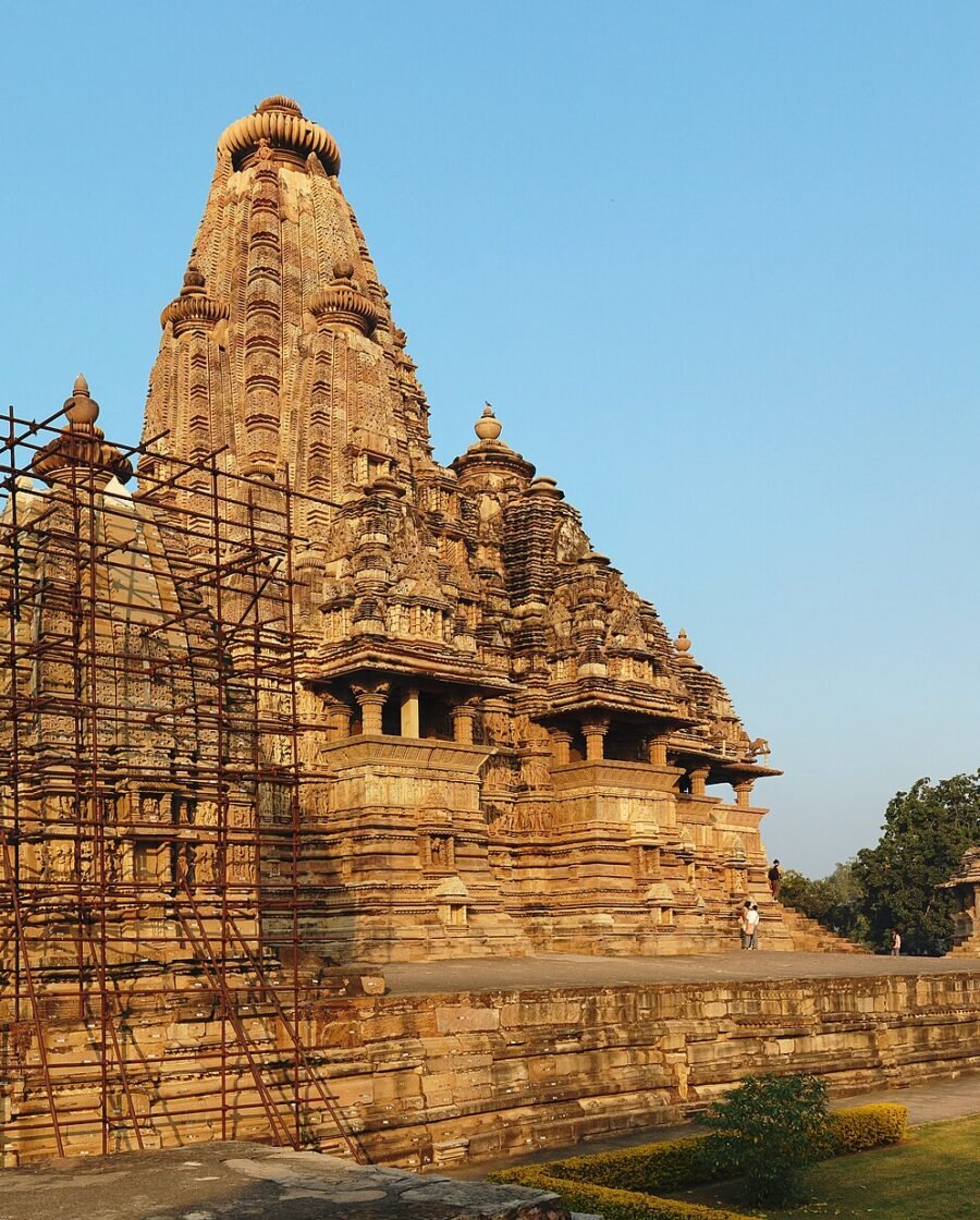 A carved sandstone temple at Khajuraho in Madhya Pradesh