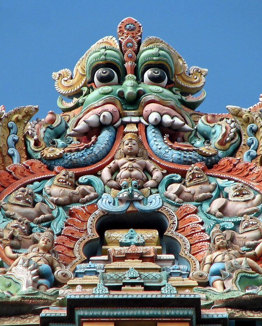 The carved gopuram towers of a South Indian temple at Madurai