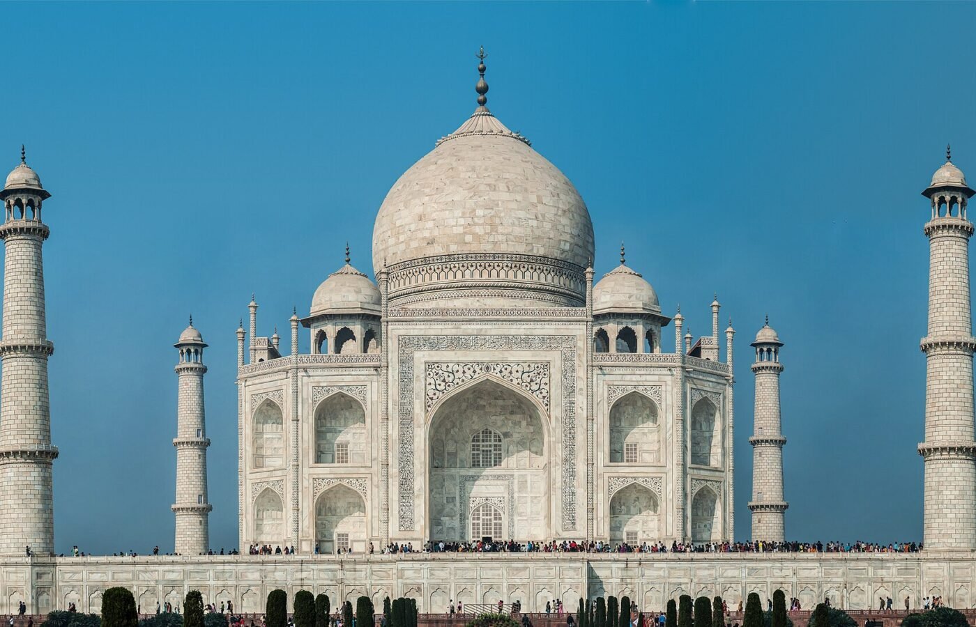 The Taj Mahal at Agra reflected in its watercourse