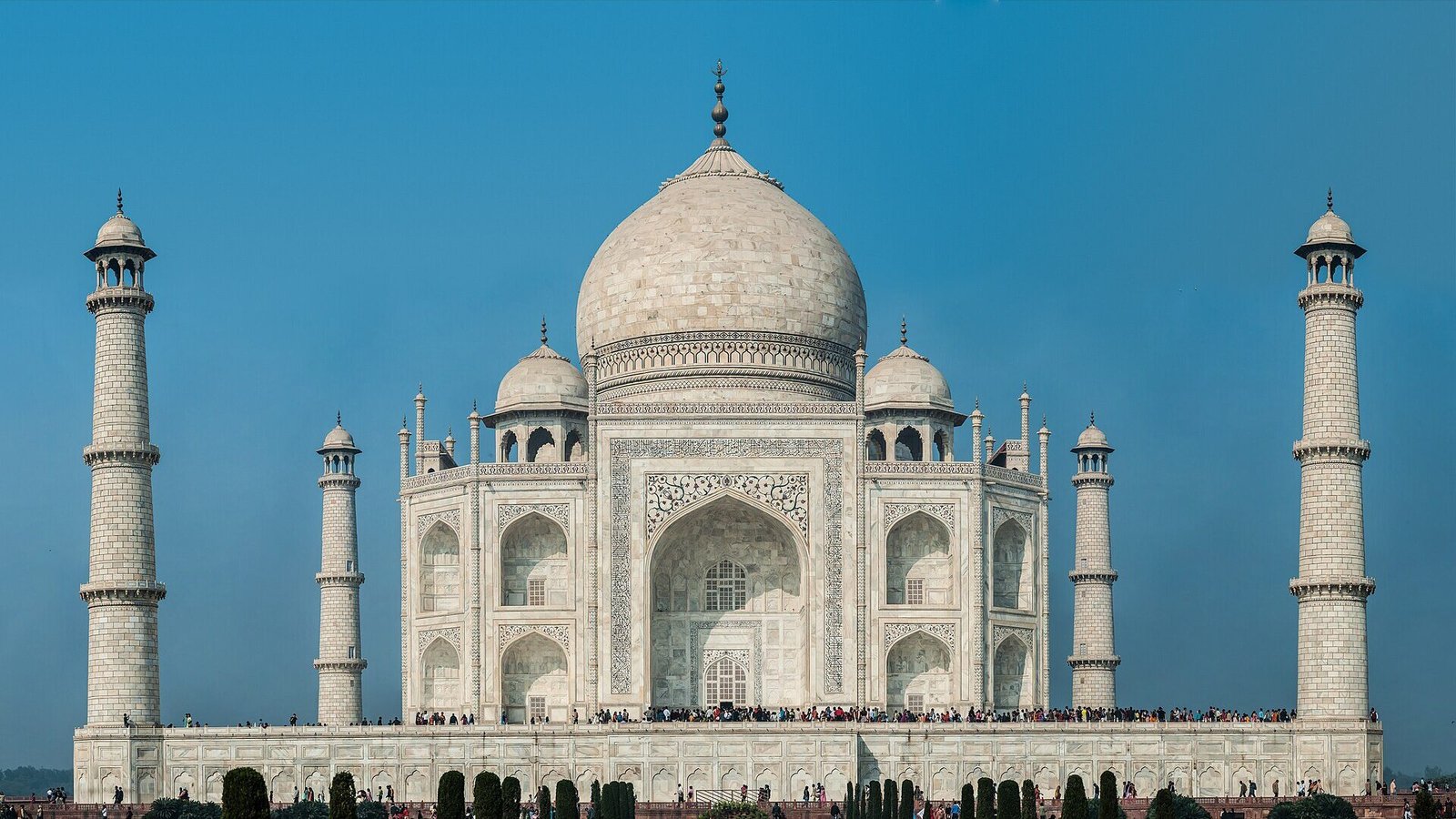 The Taj Mahal at Agra reflected in its watercourse