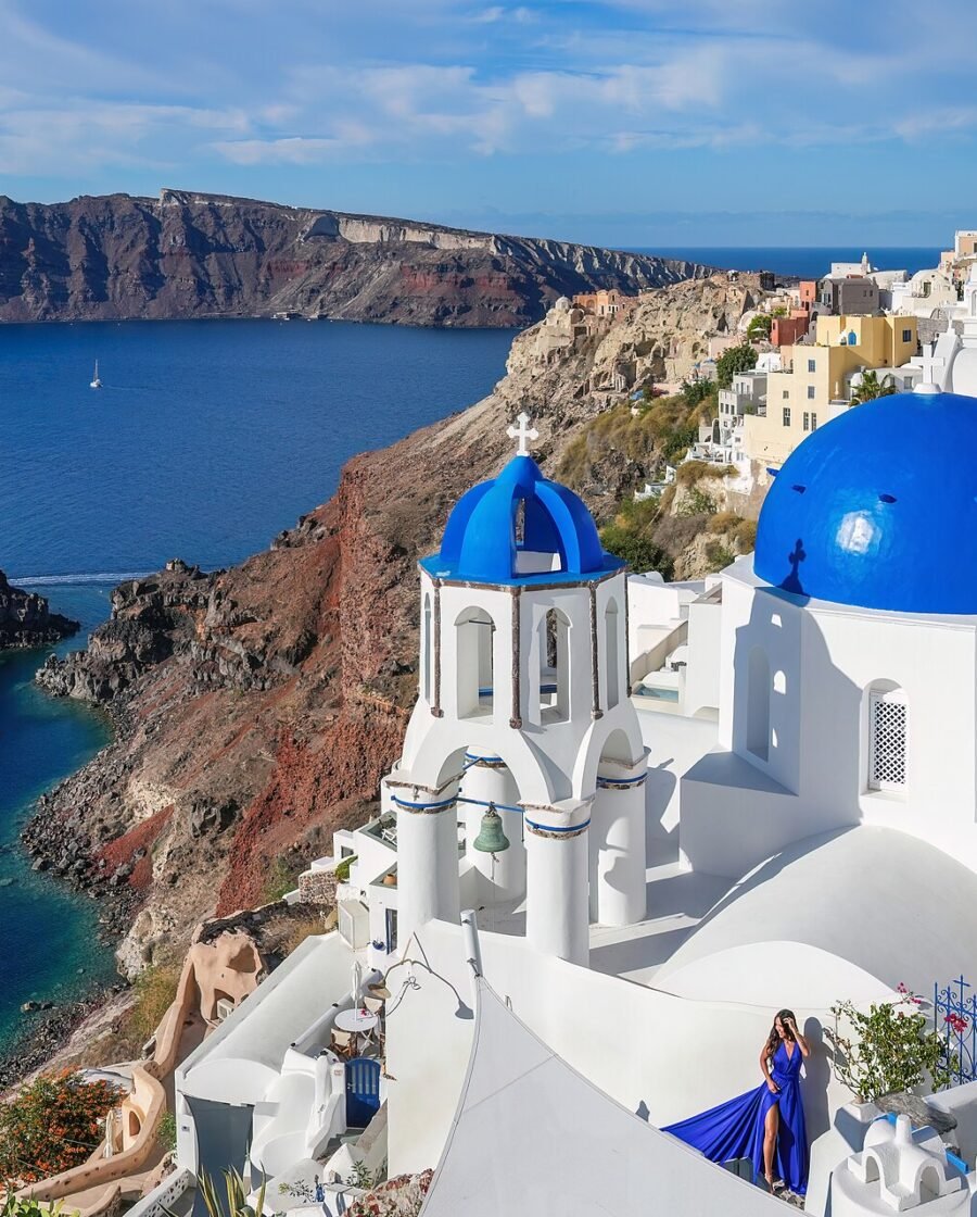 White houses above the caldera at Oia, Santorini