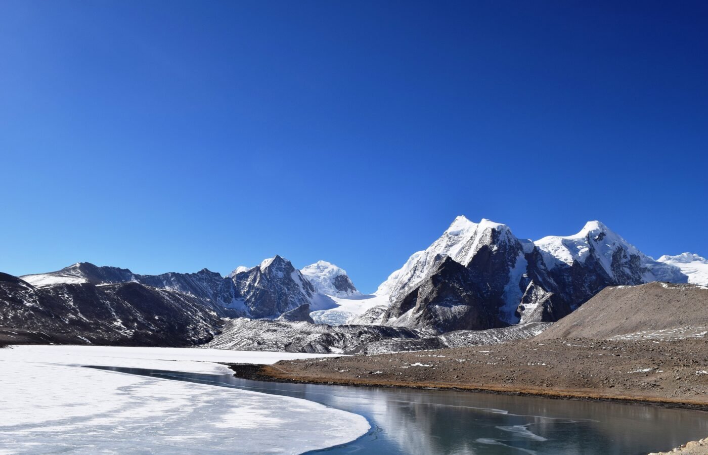 Gurudongmar Lake in North Sikkim, a high altitude glacial lake below bare Himalayan ridges