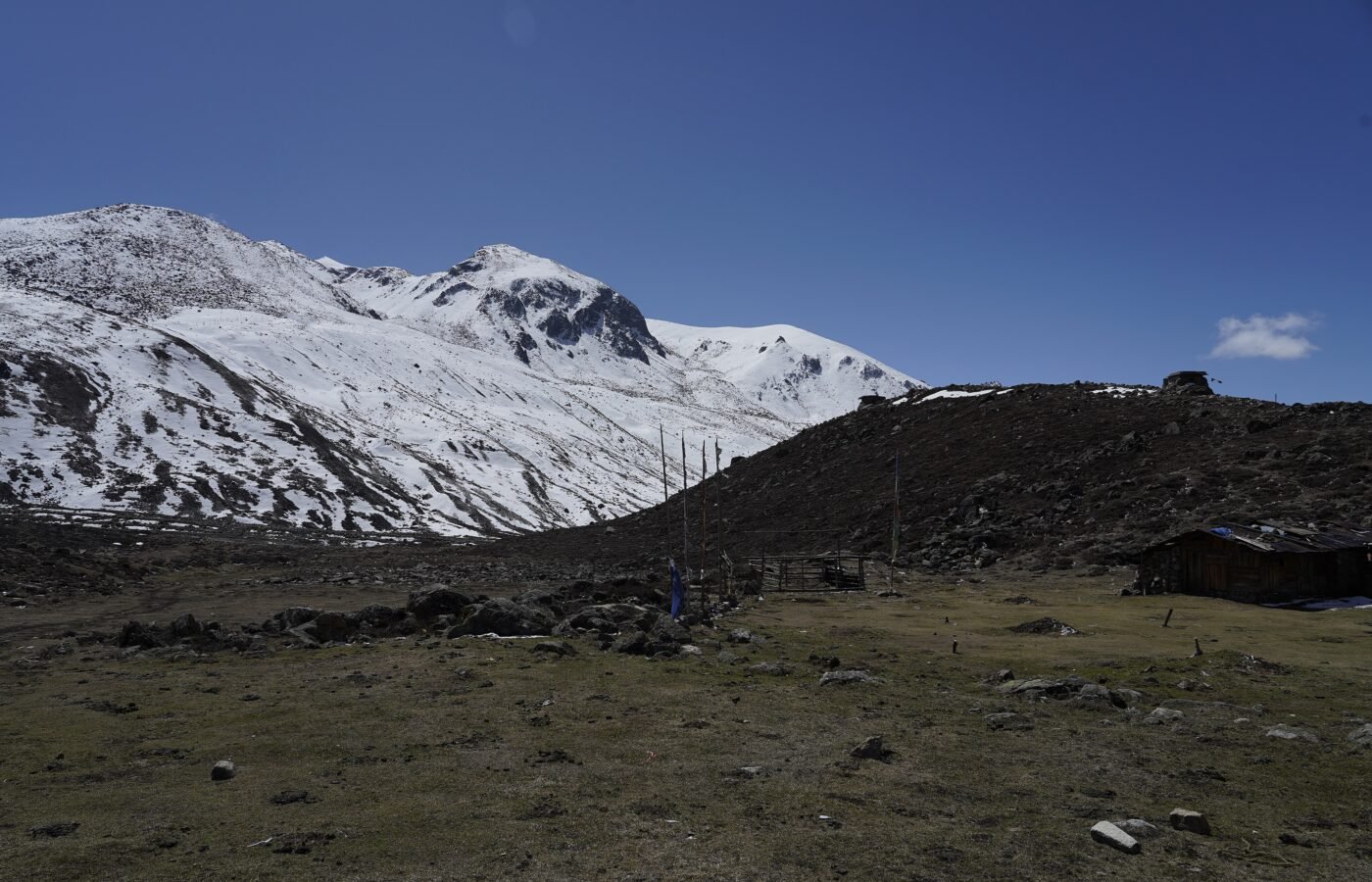 The Yumthang Valley in North Sikkim, a wide river flat under snow covered peaks