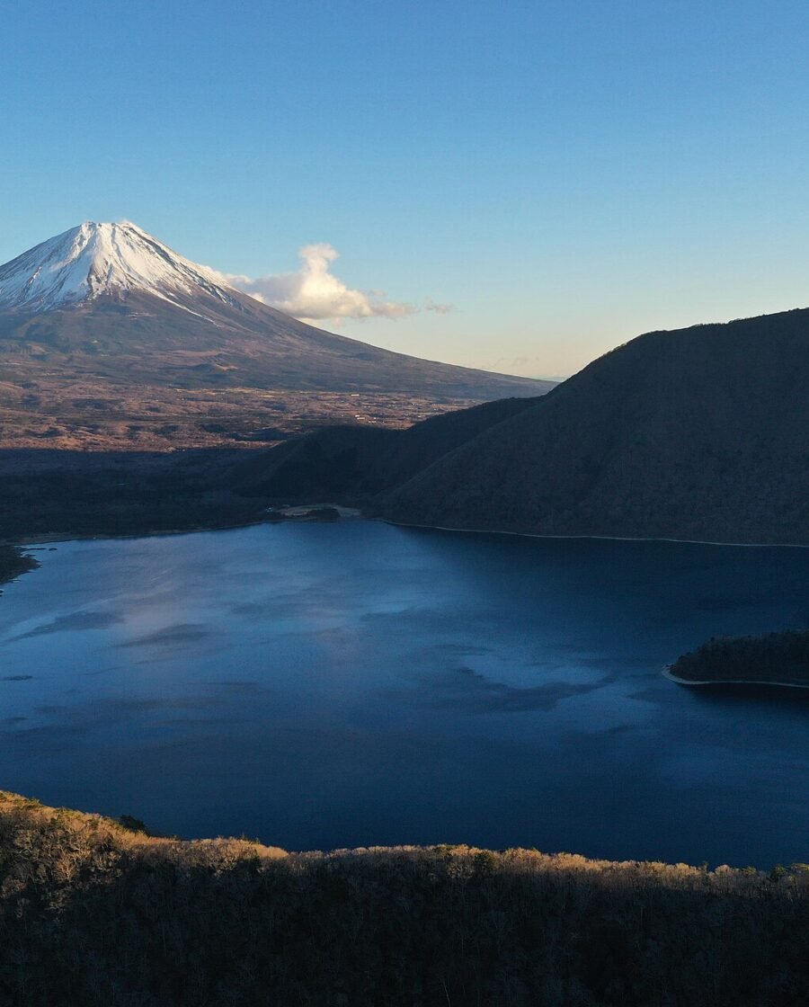 Mount Fuji rising beyond a lake in Japan